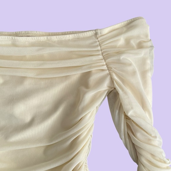 Cream Off Shoulder Ruched Crop Top Ruffle Sleeves Coquette Preppy Y2K Stretch - Picture 3 of 8